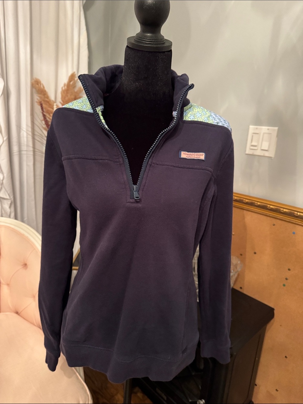 Vineyard Vines Navy Quarter-Zip Pullover with Printed Shoulder Trim